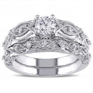 Signature Collection White Gold 3/4ct TDW Diamond Vintage Filigree Bridal Ring Set - Handcrafted By Name My Rings™