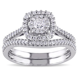 Signature Collection White Gold 5/8ct TDW Diamond Halo Bridal Ring Set - Handcrafted By Name My Rings™