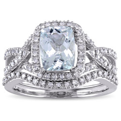 Signature Collection White Gold Aquamarine 1/4ct TDW Diamond Bridal Set - Handcrafted By Name My Rings™