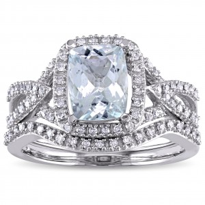 Signature Collection White Gold Aquamarine 1/4ct TDW Diamond Bridal Set - Handcrafted By Name My Rings™