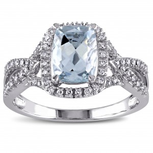 Signature Collection White Gold Aquamarine and 1/6ct TDW Diamond Split Shank Ring - Handcrafted By Name My Rings™