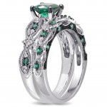 Signature Collection White Gold Created Emerald and 1/10ct TDW Diamond Bridal Ring Set - Handcrafted By Name My Rings™