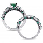 Signature Collection White Gold Created Emerald and 1/10ct TDW Diamond Bridal Ring Set - Handcrafted By Name My Rings™