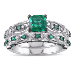 Signature Collection White Gold Created Emerald and 1/10ct TDW Diamond Bridal Ring Set - Handcrafted By Name My Rings™