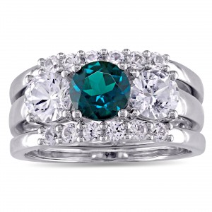Signature Collection White Gold Created Sapphire and Created Emerald 3-Stone 3-Piece Bri - Handcrafted By Name My Rings™