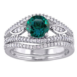 Signature Collection White Gold Created White Emerald and 1/3ct TDW Diamond Split Shank Bridal Set - Handcrafted By Name My Rings™