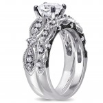 Signature Collection White Gold Created White Sapphire and 1/10ct TDW Diamond Bridal Ring - Handcrafted By Name My Rings™