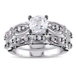Signature Collection White Gold Created White Sapphire and 1/10ct TDW Diamond Bridal Ring - Handcrafted By Name My Rings™