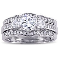 Signature Collection White Gold Created White Sapphire and 1/4ct TDW Diamond 3-Stone Bri - Handcrafted By Name My Rings™