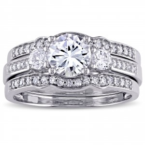 Signature Collection White Gold Created White Sapphire and 1/4ct TDW Diamond 3-Stone Bri - Handcrafted By Name My Rings™