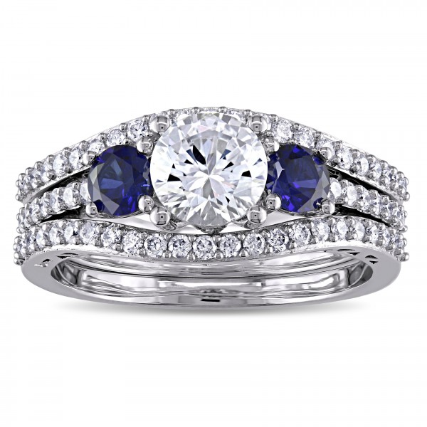 Signature Collection White Gold Created White and Blue Sapphire and 1/2ct TDW Diamond Br - Handcrafted By Name My Rings™
