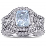 Signature Collection White Gold Cushion-cut Aquamarine and 1/3ct TDW Diamond Halo Bridal - Handcrafted By Name My Rings™