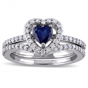 Signature Collection White Gold Diffused Sapphire and 1/2ct TDW Diamond 2-Piece Bridal R - Handcrafted By Name My Rings™