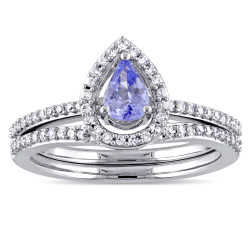 Signature Collection White Gold Pear-Cut Tanzanite and 1/3ct TDW Diamond Halo Bridal Set - Handcrafted By Name My Rings™