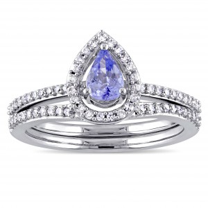 Signature Collection White Gold Pear-Cut Tanzanite and 1/3ct TDW Diamond Halo Bridal Set - Handcrafted By Name My Rings™