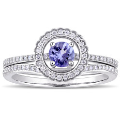 Signature Collection White Gold Tanzanite and 1/3ct TDW Diamond Halo Bridal Ring Set - Handcrafted By Name My Rings™