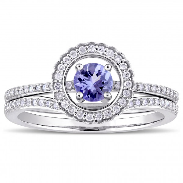 Signature Collection White Gold Tanzanite and 1/3ct TDW Diamond Halo Bridal Ring Set - Handcrafted By Name My Rings™