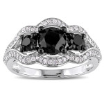 Signature Collection White Gold with Black Rhodium 1 3/4ct TDW Black & White Diamond 3-Stone Engagement Ring - Handcrafted By Name My Rings™