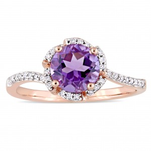 Signature Collection Rose Gold Amethyst and 1/10ct TDW Diamond Flower Halo Ring - Handcrafted By Name My Rings™