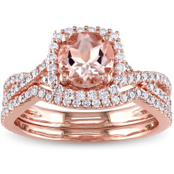 Signature Collection Rose Gold Morganite 3/4ct TDW Diamond Halo Bridal Ring Set - Handcrafted By Name My Rings™