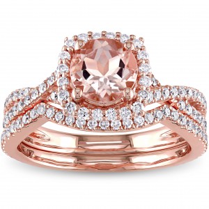 Signature Collection Rose Gold Morganite 3/4ct TDW Diamond Halo Bridal Ring Set - Handcrafted By Name My Rings™