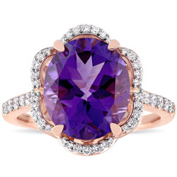 Signature Collection Rose Gold Oval-Cut African-Amethyst and 1/2ct TDW Diamond Floral Halo Engagement Ring - Handcrafted By Name My Rings™