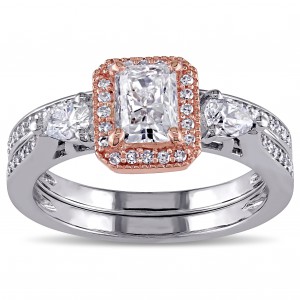Signature Collection Two-tone Gold 1 1/3ct TDW Radiant-cut Diamond Halo Bridal Ring Set - Handcrafted By Name My Rings™
