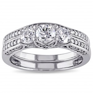 Signature Collection White Gold 1 1/10ct TDW Diamond 3-stone Bridal Ring Set - Handcrafted By Name My Rings™