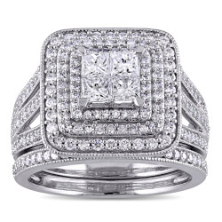 Signature Collection White Gold 1 1/2ct TDW Princess and Round Diamond Cluster Double Halo Bridal Set - Handcrafted By Name My Rings™