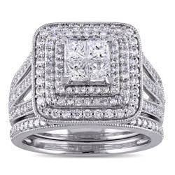 Signature Collection White Gold 1 1/2ct TDW Princess and Round Diamond Cluster Double Halo Bridal Set - Handcrafted By Name My Rings™