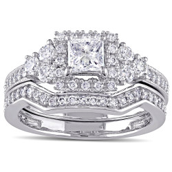 Signature Collection White Gold 1 1/4ct TDW Princess-cut Diamond Halo Bridal Ring Set - Handcrafted By Name My Rings™