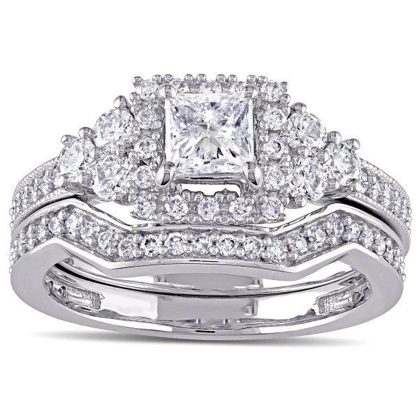 Signature Collection White Gold 1 1/4ct TDW Princess-cut Diamond Halo Bridal Ring Set - Handcrafted By Name My Rings™