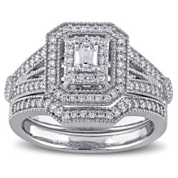 Signature Collection White Gold 1 3/4ct TDW Emerald and Round-cut Diamond Double Halo Bridal Set - Handcrafted By Name My Rings™