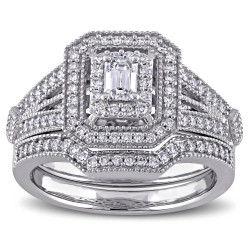 Signature Collection White Gold 1 3/4ct TDW Emerald and Round-cut Diamond Double Halo Bridal Set - Handcrafted By Name My Rings™