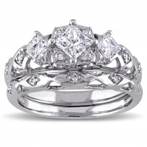 Signature Collection White Gold 1ct TDW Princess-Cut 3-Stone Vintage Bridal Ring Set - Handcrafted By Name My Rings™