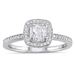 Signature Collection White Gold 3/4ct TDW Cushion and Round Cut Diamond Halo Engagement Ring - Handcrafted By Name My Rings™