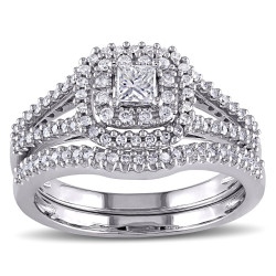 Signature Collection White Gold 3/5ct TDW Certified Diamond Halo Bridal Ring Set - Handcrafted By Name My Rings™