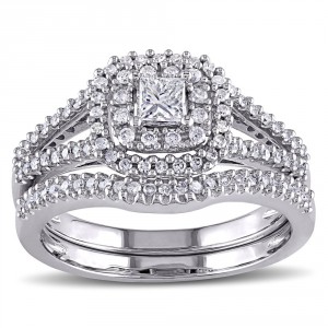 Signature Collection White Gold 3/5ct TDW Certified Diamond Halo Bridal Ring Set - Handcrafted By Name My Rings™