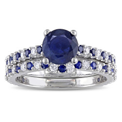 Signature Collection White Gold 3/8ct TDW Diamond and Sapphire Bridal Ring Set - Handcrafted By Name My Rings™