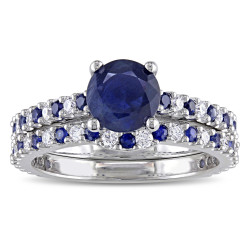 Signature Collection White Gold 3/8ct TDW Diamond and Sapphire Bridal Ring Set - Handcrafted By Name My Rings™