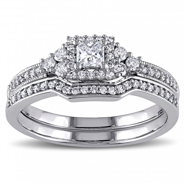 Signature Collection White Gold 5/8ct TDW Princess-cut Diamond Certified Bridal Ring Set - Handcrafted By Name My Rings™