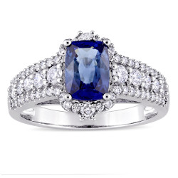 Signature Collection White Gold Baguette-Cut Sapphire 3/4ct TDW Diamond Halo Engagement Ring - Handcrafted By Name My Rings™