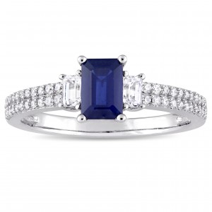 Signature Collection White Gold Blue Sapphire White Sapphire and 1/6ct TDW Diamond Engagement Ring - Handcrafted By Name My Rings™