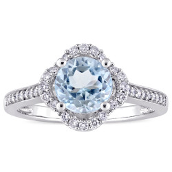 Signature Collection White Gold Blue Topaz and 1/4ct TDW Diamond Quatrefoil Halo Engagement Ring - Handcrafted By Name My Rings™