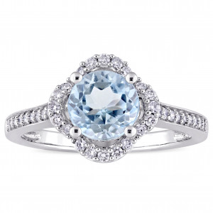 Signature Collection White Gold Blue Topaz and 1/4ct TDW Diamond Quatrefoil Halo Engagement Ring - Handcrafted By Name My Rings™