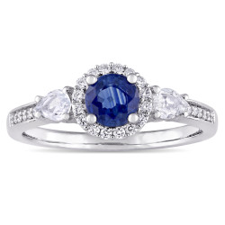 Signature Collection White Gold Blue and White Sapphire with 1/8ct TDW Diamond Halo Engagement Ring - Handcrafted By Name My Rings™