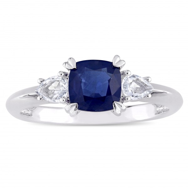Signature Collection White Gold Cushion-Cut Blue Sapphire and Pear-Cut White Sapphire Three-Stone Engagement Ring - Handcrafted By Name My Rings™