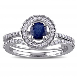 Signature Collection White Gold Diffused Sapphire and 1/3ct TDW Diamond Halo Bridal Ring - Handcrafted By Name My Rings™
