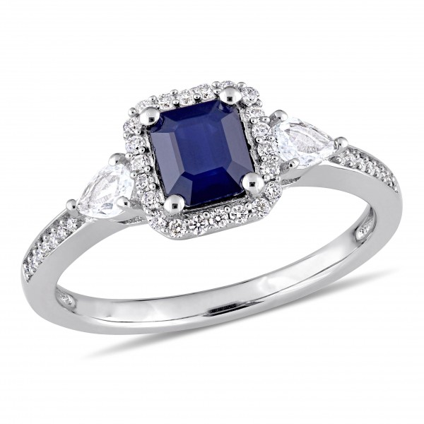 Signature Collection White Gold Octagon and Pear-cut Blue and White Sapphire Halo Engagement Ring - Handcrafted By Name My Rings™