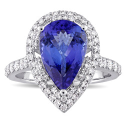 Signature Collection White Gold Pear-Cut Tanzanite 3/4ct TDW Diamond Double Teardrop Halo Engagement Ring - Handcrafted By Name My Rings™